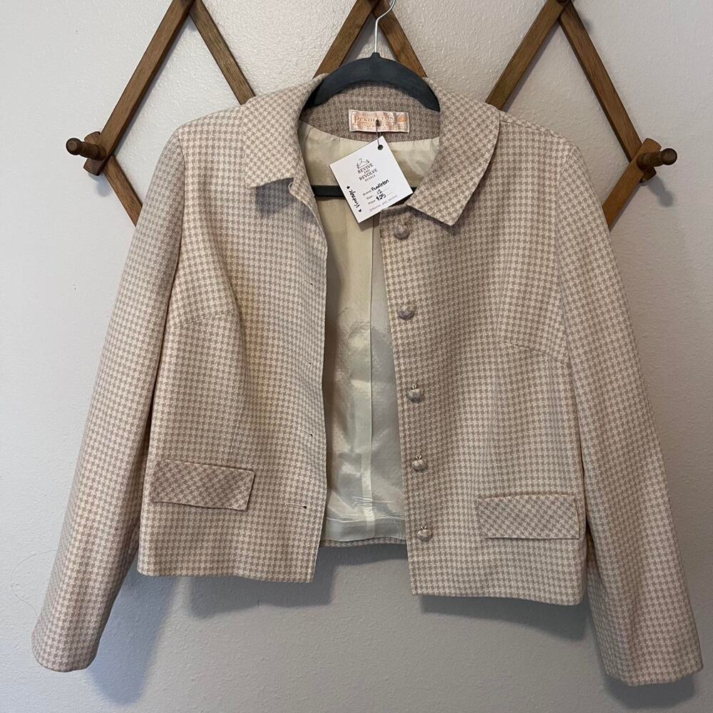 Vintage Pendleton Beige Houndstooth Wool Blazer Jacket Size 12 Cropped